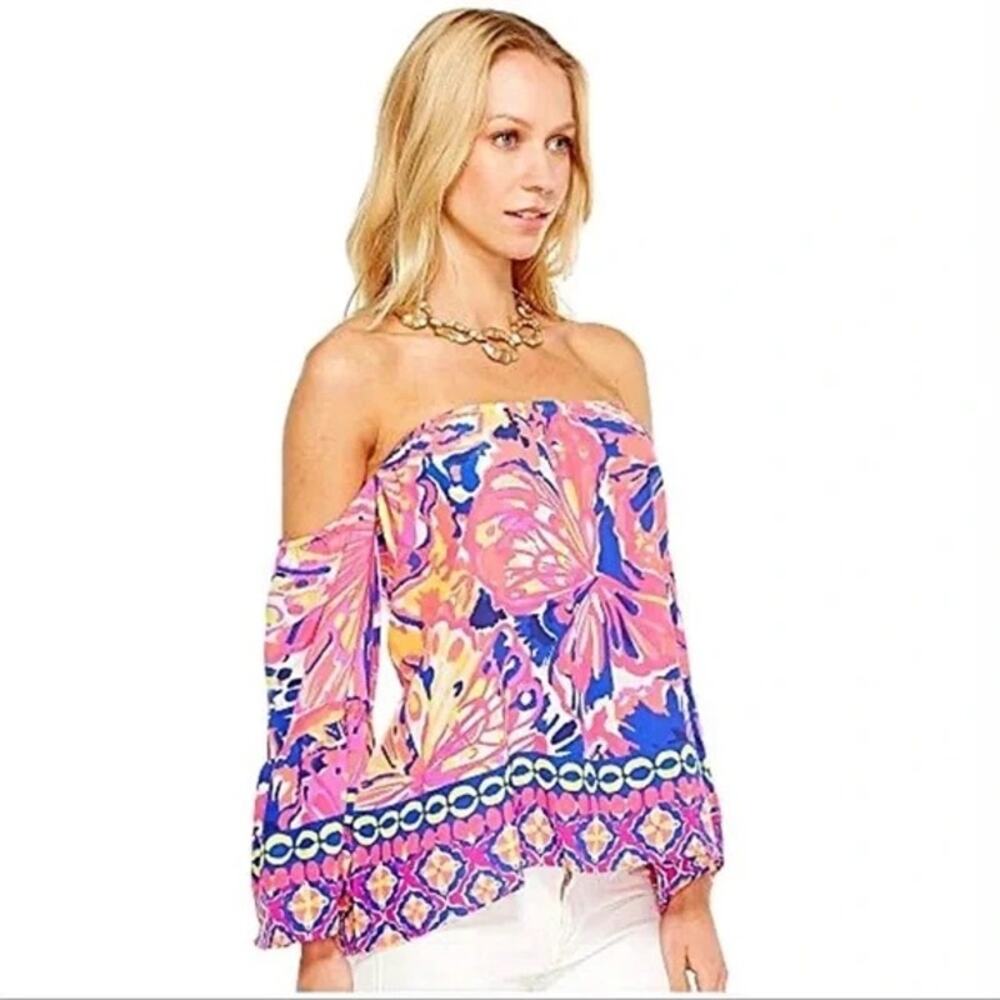 Lilly Pulitzer Sanilla Silk Top Off the Shoulder Pink Fusion XXS